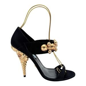 PRADA Mary Jane Gold Ball Pumps EU 38 US 8 Black Satin Embellished High Heels